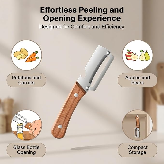 2-Pack Vegetable Peeler with Wooden Handle and Bottle Opener, Multi-Function Kitchen Vegetable Peeler for Potato, Carrot, Fruit, Pumpkin and Veggie Peeling