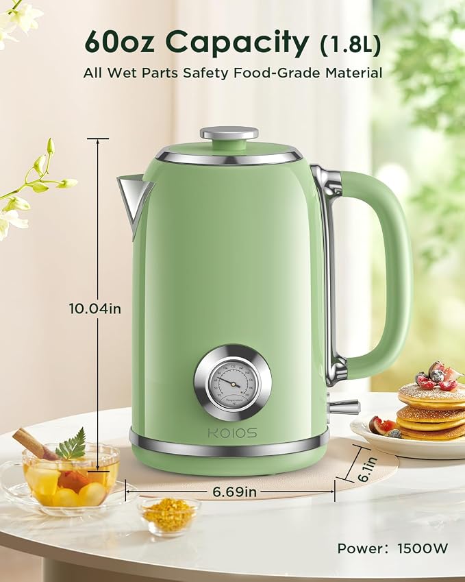 Electric Kettle 1.8L with Temperature Gauge, 1500W Fast Boiling Electric Tea Kettle, 100% Stainless Steel Retro-Style Hot Water Kettle Electric - Glowing LED Light, Auto Shut-Off & Boil-Dry Protection