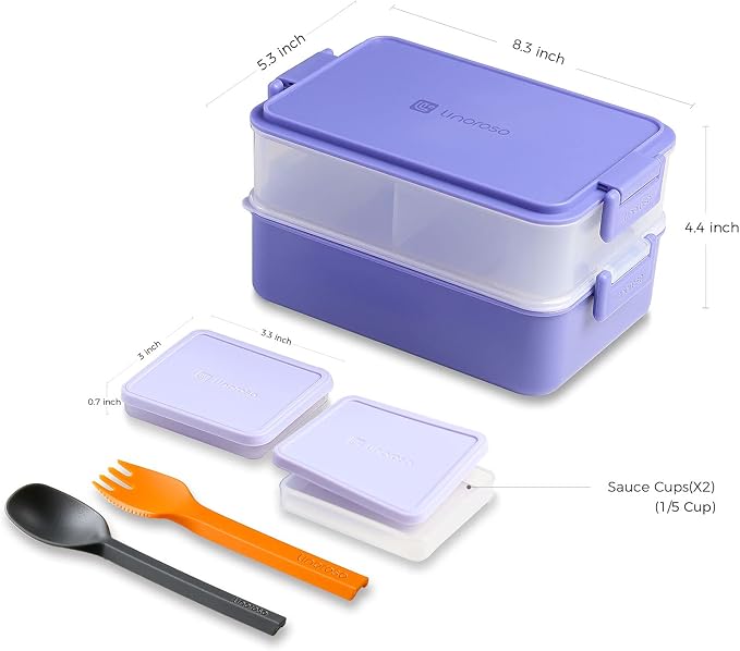 Stackable 2-Tier Adult Bento Box, 4 Compartments - Veri Peri | leakproof bento lunch box with fork & spoon + sauce cups, microwave/dishwasher safe, perfect for office, school & daily meals