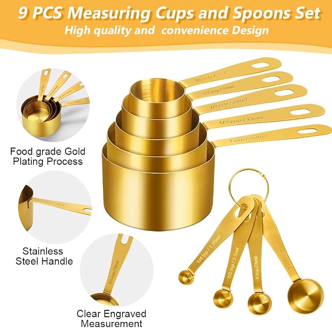 Gold Measuring Cups & Spoons Set for Cooking, 9pcs | 5 Stainless Steel Measuring Cups, 4 Measuring Spoons, Premium Finish Baking Gadgets for Dry & Liquid Ingredients