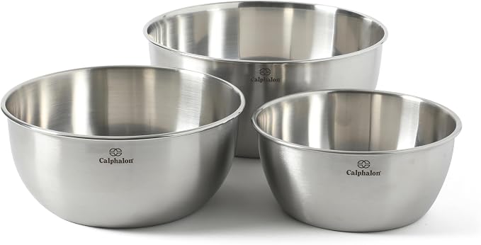 Calphalon Astro Mixing Bowls, 3-Piece Stainless Steel Mixing Bowl Set with Matte Finish, Nesting Metal Mixing Bowls for Kitchen, Baking and Prep, Silver