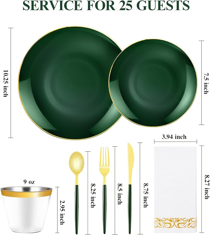 Bestluck 175PCS Green Plastic Dinnerware Set, Green Plastic Plates for 25 Guests, Include 50 Green Gold Plates with 75 Plastic Cutlery, 25 Napkins and 25 Cups