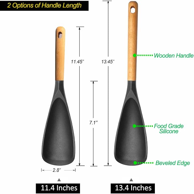 Cooking Spoon for Nonstick Cookingwares, Silicone Spoon Spoon for Mixing, Scoop, and Scrape, Black (13.4''+11.4" Black 2-Pack)