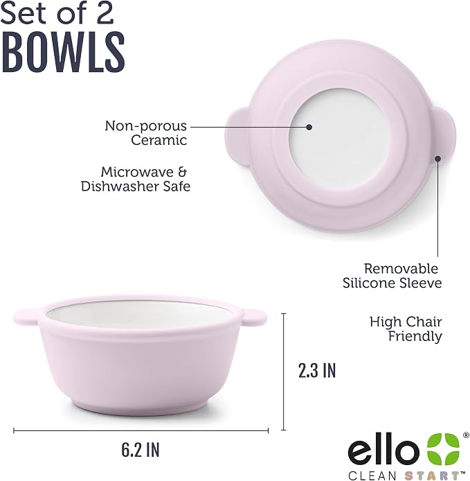 Ello Clean Start Ceramic Toddler Bowls with Sleeves, 2 Pack, Dewdrop/Sugarplum