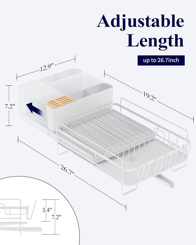Kitsure Extendable Dish Drying Rack, 19.2"-26.7" L x 12.9" W, White | Large Dish Rack, Multifunctional Dish Rack for Kitchen Counter, Anti-Rust Dish Drainers with Cutlery & Cup Holders
