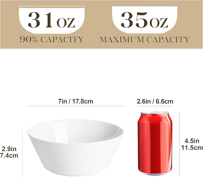 MALACASA 35 OZ Soup Bowls Set of 4, White Bowls Deep Cereal Ramen Bowl | Ceramic Bowls for Salad, Pasta, Pho, Dessert, Fruit, Kitchen Essential, Dishwasher Microwave Safe, Series REGULAR