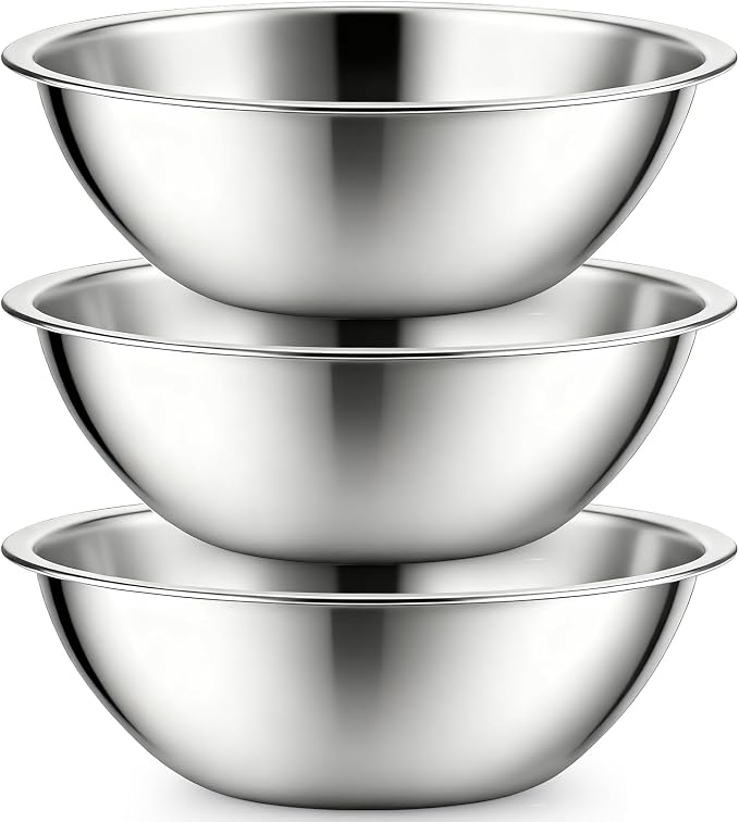 3 Pack Stainless Steel Mixing Bowls, 6 Quart Flat Base Stainless Steel Serving Bowls, 12.6 Inch Mirror Polish Large Metal Bowl Set for Kitchen Cooking, Baking, Prepping