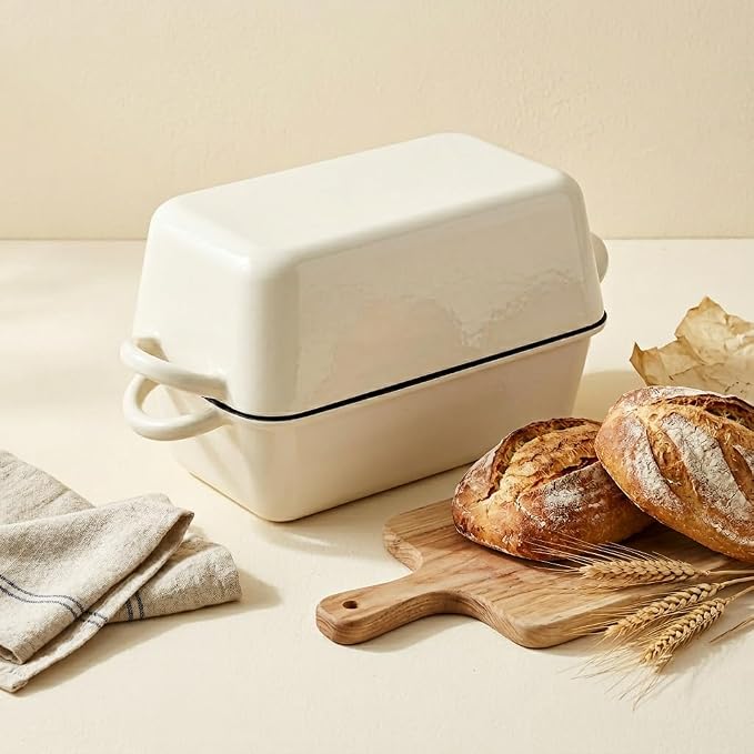 5 Quart Enameled Cast Iron Bread Pan with Lid, Dutch Oven for Sourdough Bread Baking, Large 12.6" Loaf Pan for Homemade Artisan Bread, Oven Safe for Crispy Crust & Fluffy Interior (Cream White)