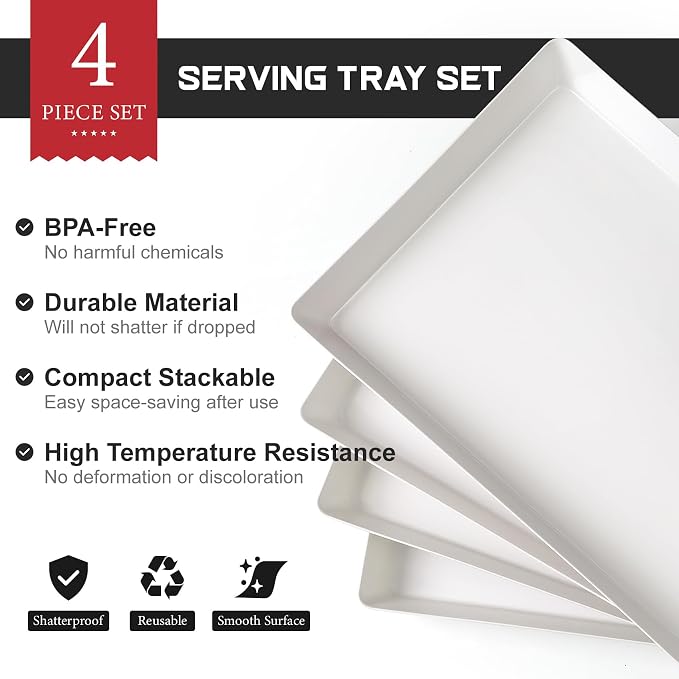 4-Pack Plastic 16" x 11" Large White Serving Trays Set - Reusable Serving Platters for Cookie, Appetizer, Charcuterie, Snack, Dessert, Party Food Display - Stackable Kitchen CounterTop Tray, BPA Free