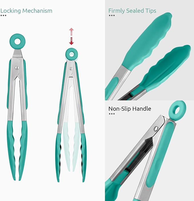 U-Taste Kitchen Tong for Cooking, 600ºF Heat-Resistant Tps, 7in/Aqua Sky | Small Mini Silicon Tongs for Serving Food, Short Salad Thong with Non Stick Rubber Tips & 18/8 Stainless Steel Handle