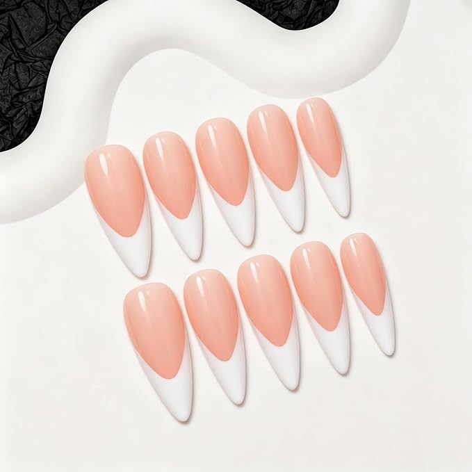 10pcs White French Tip Handmade Press on Nails Long Stiletto Fake Nails with Pure Color Design Salon Quality Acrylic Nail Glossy Nude Stick on Nail for Women (M)