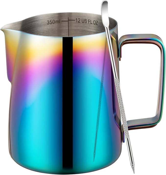 Amrules Milk Frothing Pitcher, 12 oz Milk Frother Cup with Clear Scale, 304 Stainless Steel Cappuccino Espresso Machine Accessories for Barista Coffee Bar with Latte Art Pen, Multicolor