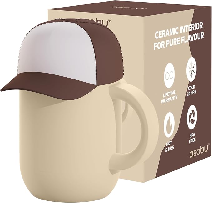 asobu Happy Hat Mug – 12 oz Double-Walled Stainless Steel Insulated Cup with Beanie-Shaped Lid – Ceramic Inner Coating – Spill-Proof and Ergonomic Design for Home and Travel (Brown)