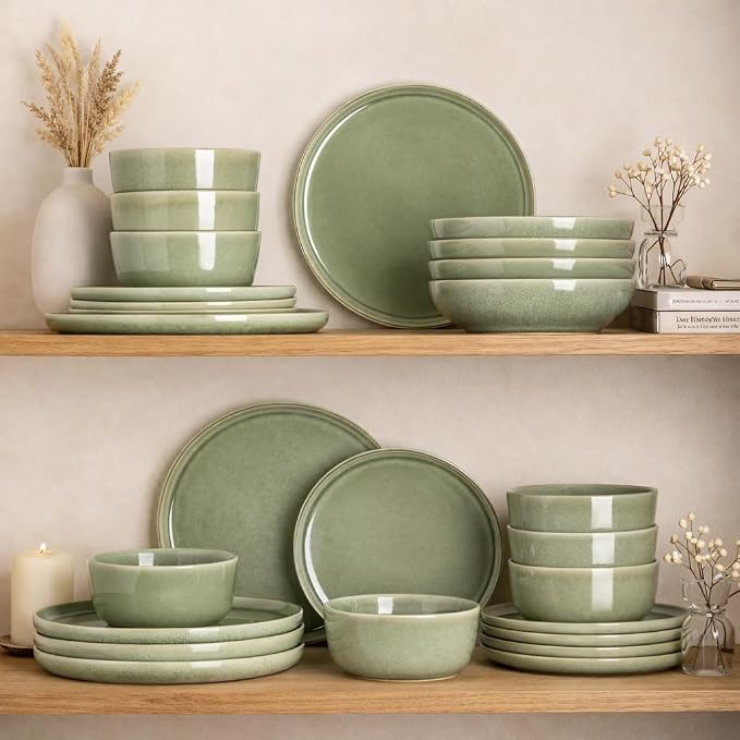 AmorArc Stoneware Dinnerware Sets for 6, 18Pcs Plates and Bowls Sets Dishes | Ceramic Round Reactive Glaze Dishes Set, Highly Scratch Resistant | Dishwasher & Microwave Safe Dishware