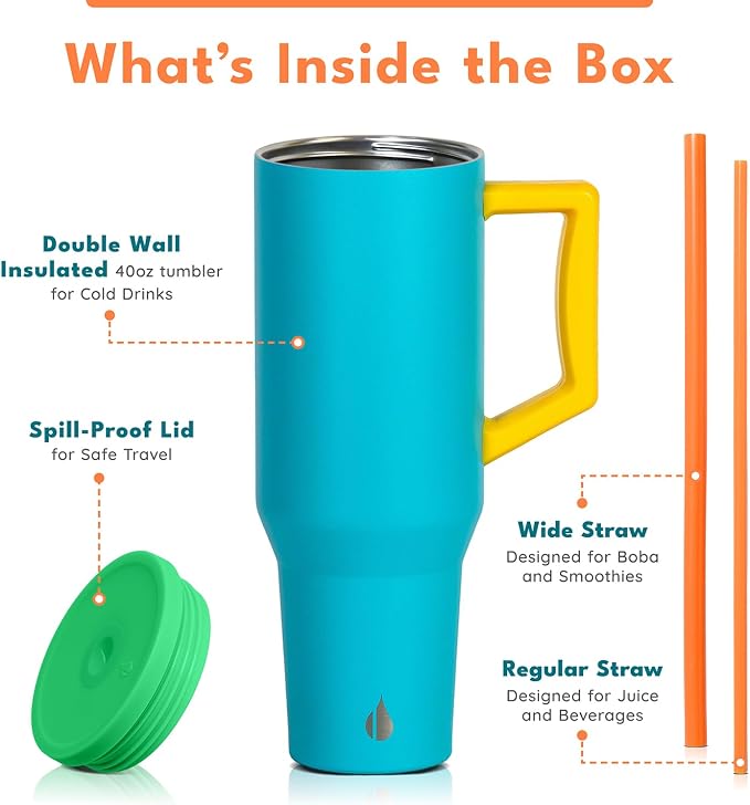 Elemental Spill Proof 40oz Insulated Tumbler with Handle & Straw Travel Mug | Stainless Steel Commuter Travel Coffee Mug for Cold Beverages, Includes 2 Straws & a Spill Proof Lid for Everyday Use