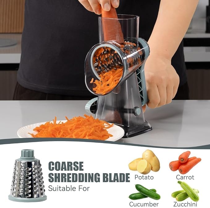 Rotary Cheese Grater Pro 6 in 1 - Shredder Crinkle Slicer Grinder Ice Shaver, Stable Suction, Time-saving Easy Use & Clean, Safe Morden Kitchen Tool for Cheese, Vegetable, Nuts, Chocolate