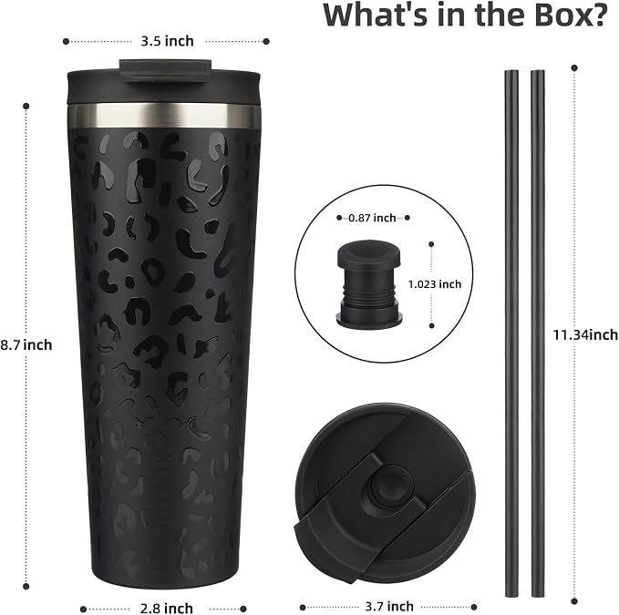 BJPKPK 26 oz Coffee Tumbler with Straw, Insulated Stainless Steel Cup | Double Wall Vacuum, Leak Proof Lid, Keeps Hot/Cold/Iced, BPA Free, Travel & Outdoor, Black Leopard