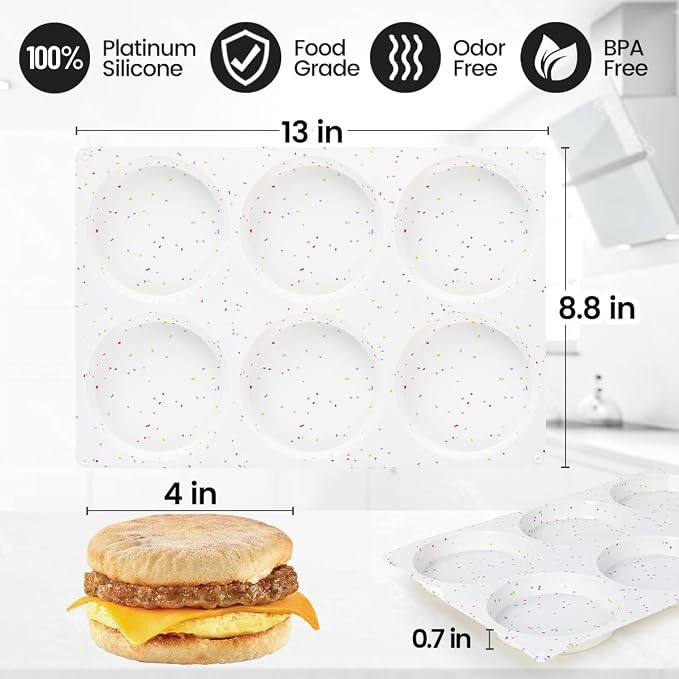 CAKETIME 4 Inch Muffin Top Pan, Silicone Egg Molds for Breakfast Sandwiches Jumbo Round Baking Pan for Oven English muffins, Whoopie Pies, Corn Bread, Egg bites, Tarts 2 Pack Confetti