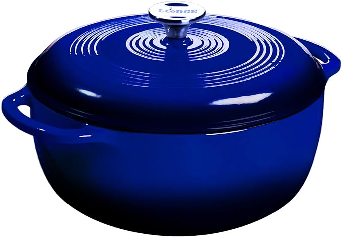 Lodge Essential Enamel Cast Iron Dutch Oven with Lid 7.5 Quart - Oven-Safe Enamel Cookware up to 500° F - Heat-Retaining Braising & Roasting Pot - Non-Toxic Cookware - Indigo