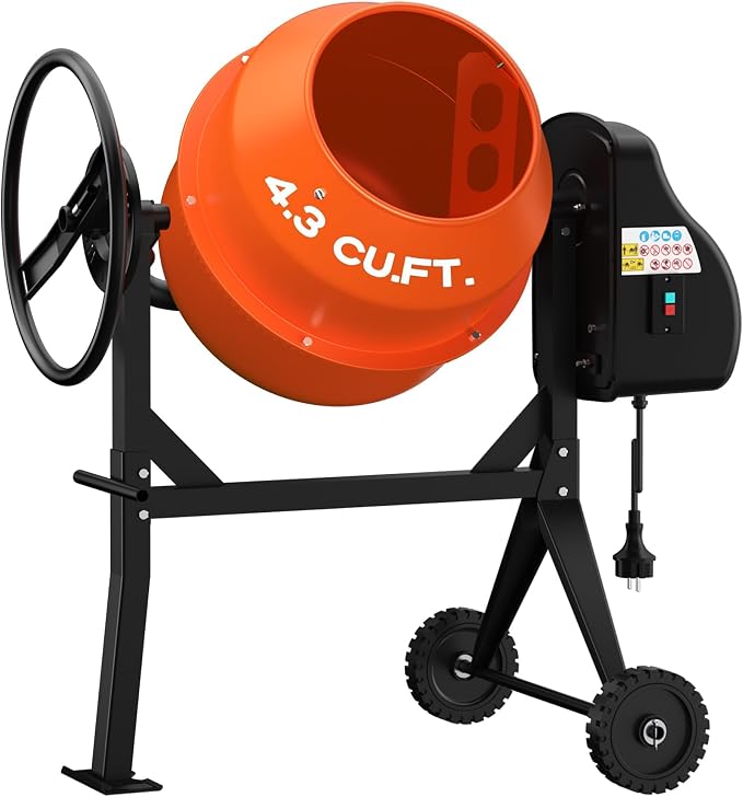 120L Electric Cement Mixer, 4.3 Cubic Ft. 450W 3/5HP Portable Concrete Mixer Machine with Stand And Wheels for Stucco, Mortar, Seeds, Orange-2026 Upgraded