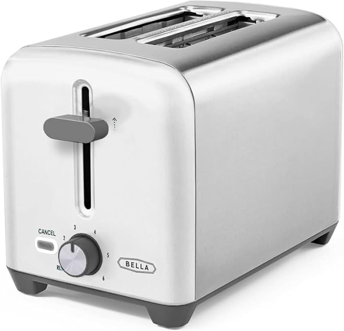BELLA 2 Slice Toaster, Quick & Even Results Every Time, Wide Slots Fit Any Size Bread Like Bagels or Texas Toast, Drop-Down Crumb Tray for Easy Clean Up, Stainless Steel and White
