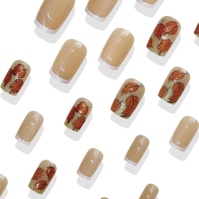24 Pcs Fall Press on Nails Medium Square Fake Nails with French Tip Glitter Maple Leaves Designs Nails Press ons Orange White Acrylic Nails Autumn Stick on Nails for Women