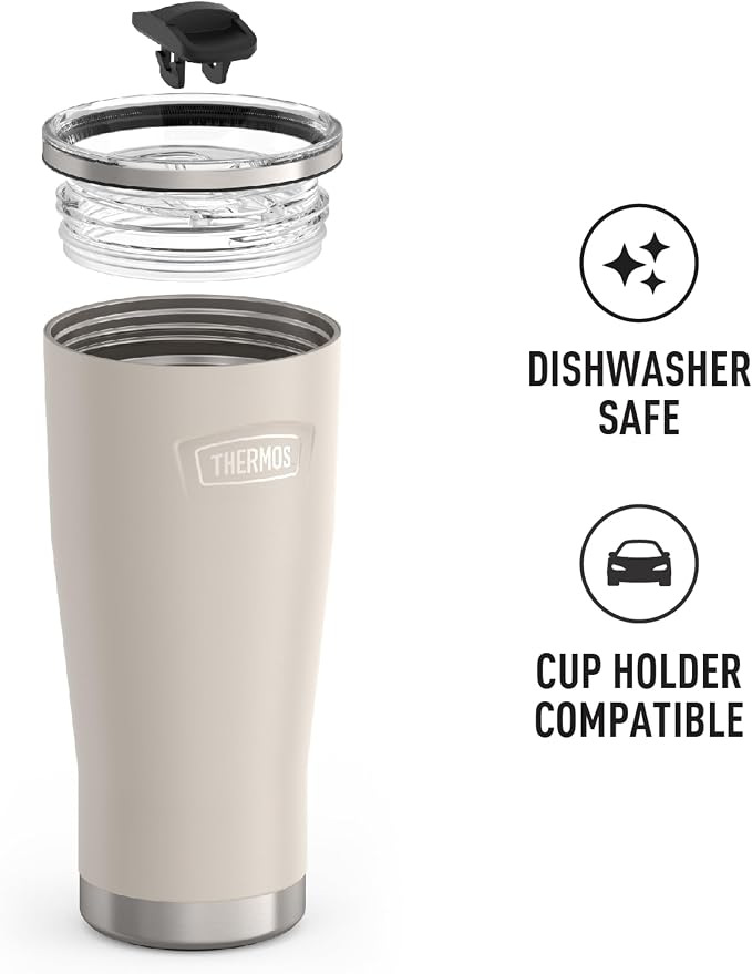 THERMOS Icon Series 24oz Stainless Steel Tumbler with Slide Lock Lid, Leakproof, Fits Cupholder, Dishwasher Safe, Griptec™ Non‑Slip Base, Keeps Drinks Hot 6 Hrs/Cold 22 Hrs, Sandstone