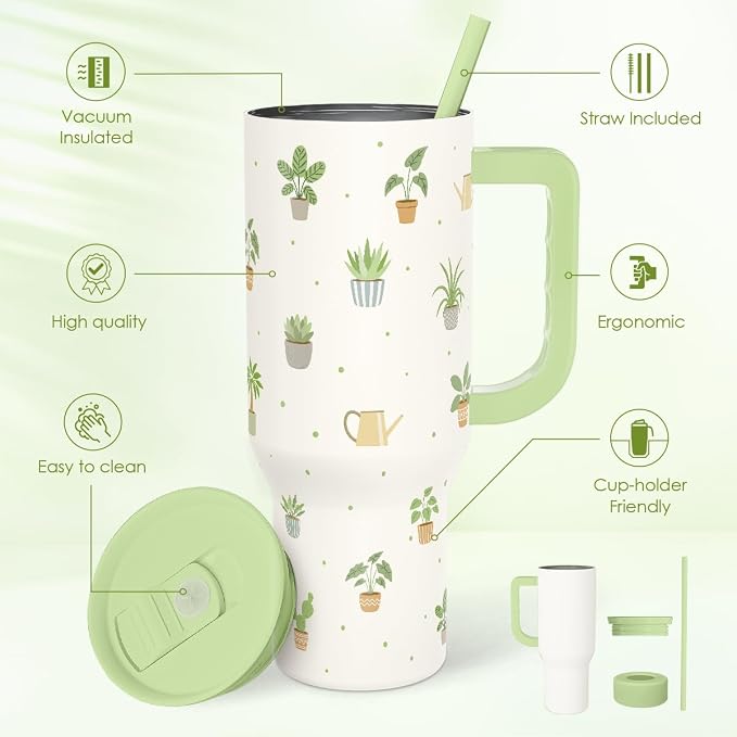 SANDJEST Plant Lover 40oz Tumbler with Handle and Straw, Insulated Stainless Steel Travel Coffee Mug for Women Girls, Gift Idea for Birthday Christmas Mothers Day