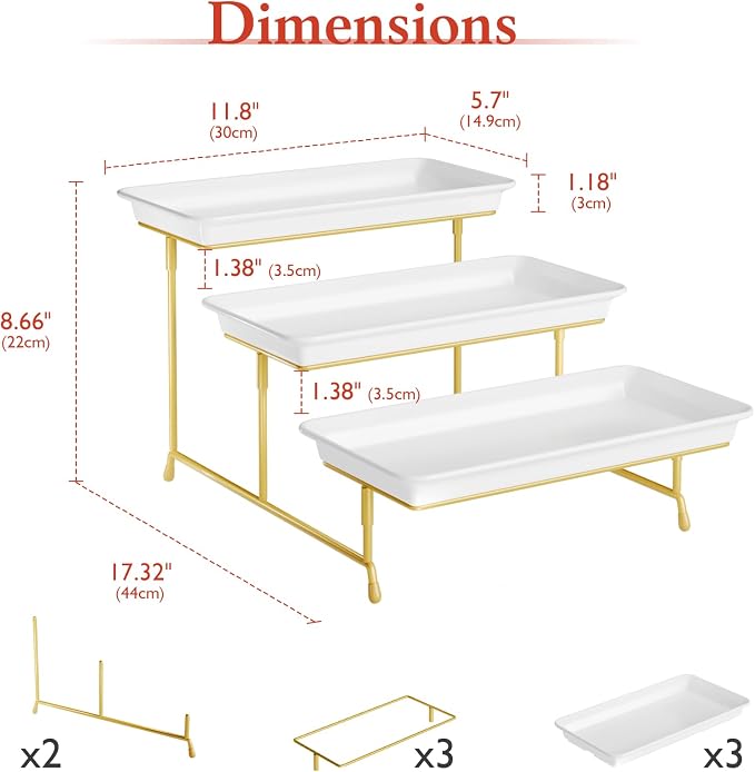 Bumusty 3-Tier Melamine Serving Tray Set, 11.5 x 5.6 in, Gold Stand | Melamine Reusable Platters with Metal Display Stand for Cupcakes, Desserts, Fruit, Cookies, Parties, Birthdays and Holidays