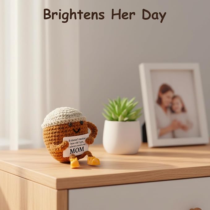 Birthday Gifts for Mom from Daughter Son Kids, Cute Crochet Coffee Lover Gift, Funny Meaningful Small Gifts for Women Handmade Desk Decor Mothers Day