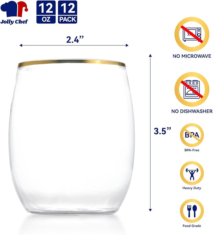 JOLLY CHEF 12 Pack 12 oz Champagne Flutes Gold Stemless Toasting Glasses | Plastic Wine Cups | Crystal | Shatterproof | Heavy Duty | Disposable | Unbreakable Drinkware for Wedding Party Thanskgiving