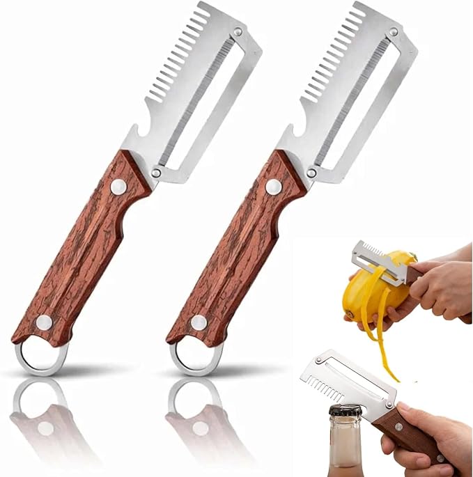 2Pcs 3-1 Multi-functional Vegetable Peeler,New Ktchen Multi-function Stainless Steel Thickened Fruit Peeler Knife with Wooden Handle and Bottle Opener for Vegetables or Fruits that Need to Be Peeled