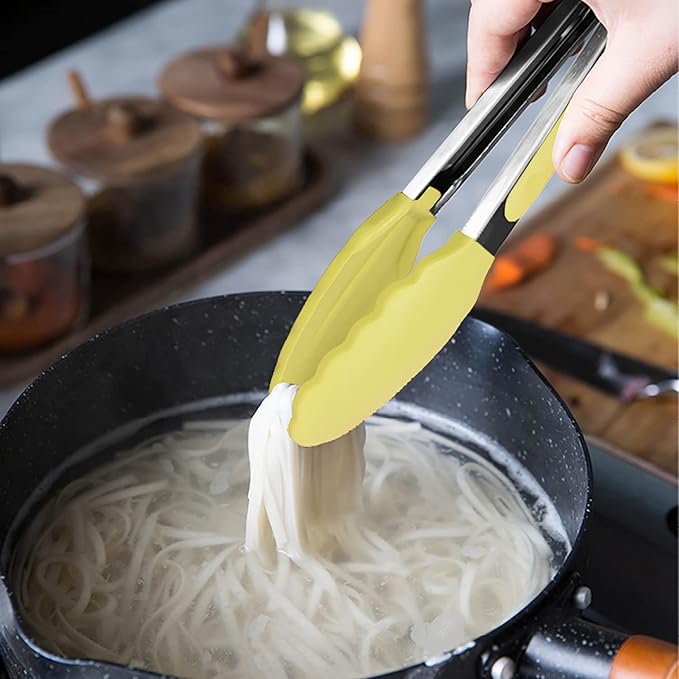 HINMAY Small Appetizer Tongs 7" Silicone Kitchen Tongs, Set of 3 (Yellow)