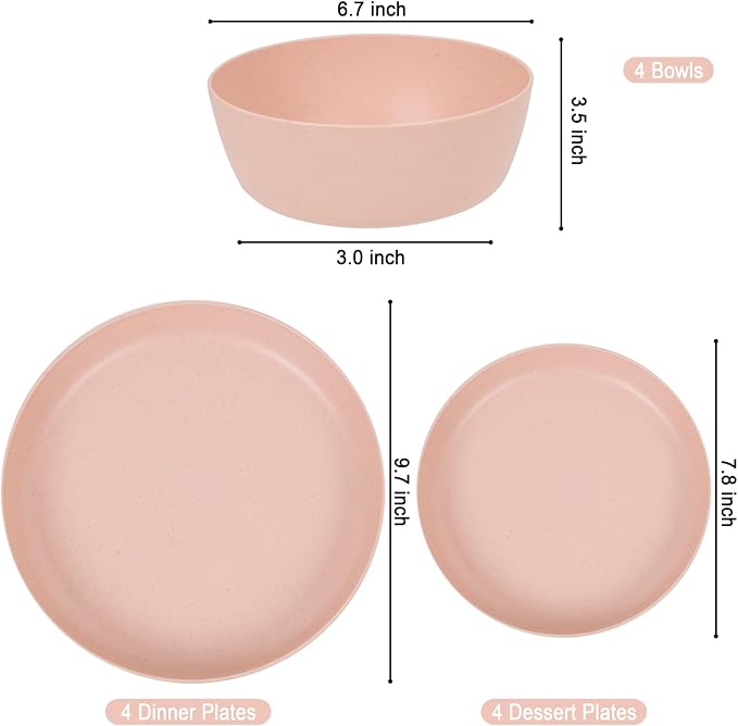 EjonirInjonir 12pcs Pink Wheat Straw Dinnerware Set for Family/Dorm | Eco-Friendly,Reusable Pink Dishes & Wheat Straw Plates.Deep Plates and Bowls Sets for Family Picnic, RV, and Camping.