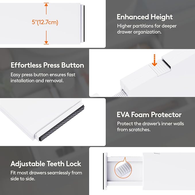 Lifewit 5" Tall Upgrade Drawer Dividers, Adjustable Deep Drawer Organizer | 13.5"-22" Expandable White Drawer Separator for Clothes, Dresser/Kitchen/Closet/Bedroom/Office Organization & Storage, 8 Pack