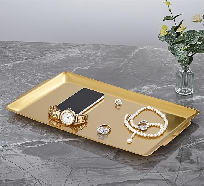 15.8" x 9.5" Large Serving Platters, Stainless Steel Heavy-Duty Large Serving Trays, Gold Rectangular Plates for Food, Fruit, Party, Wedding, Christmas, Chip and Scratch Resistant