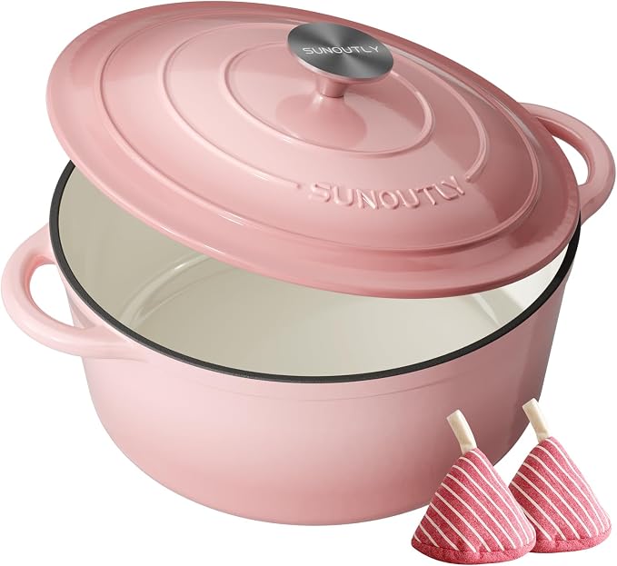 Enameled Cast Iron Dutch Oven - 4.5QT Dutch Oven Pot with Lid & Cotton Potholders - Heavy-Duty Non Stick Casserole Pot for Braising, Stews, Roasting, Baking, Suitable for All Stovetops, Gentle Pink