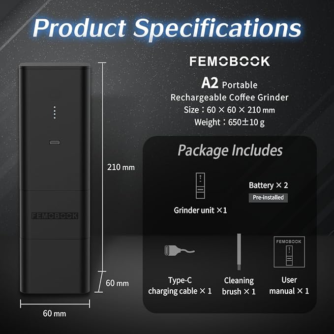 FEMOBOOK-A2 Black Portable Electric Coffee Grinder, Cordless Burr Grinder | USB Rechargeable Coffee Grinder Magnetic Grounds Cup Travel & Home Brewing