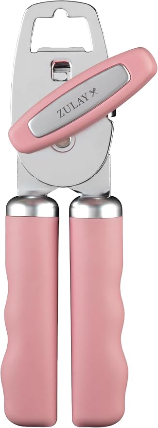 Zulay Kitchen Heavy Duty Stainless Steel Can Opener Manual with Bottle Opener - Rust Proof Manual Can Opener With Turn Knob & Comfy Soft Grip Handles - Pink