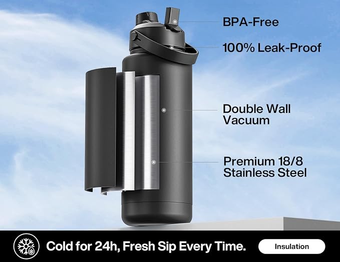 POWCAN 40 oz Insulated Water Bottle with 2-in-1 Straw and Spout Lid, Keep Cold 24H, Leak-Proof, BPA-Free, Double Wall Stainless Steel Water Bottle for Sports, Gym, Travel, and School (Dark Knight)