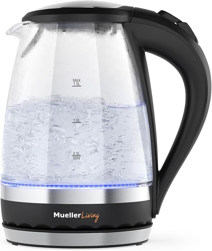 MuellerLiving Glass Kettle 1.5L 1500W LED Light Electric Tea Kettle Automatic Shut-Off with SpeedBoil Tech and Boil-Dry Protection | 1.5L | 1500W | LED Light | Automatic Shut-Off | SpeedBoil Tech | Boil-Dry Protection
