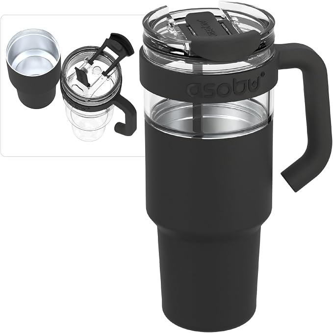 asobu Extra Large Travel Explorer Tumbler for Hot and Cold with Stainless Steel Removable Coffee Mug Sleeve - Straw and Flip Open Sip Spout, 34 oz / 25 oz (Black)