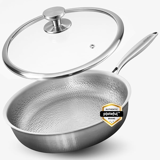 Plateful Titanium Pans For Cooking 12 Inch, No Coating Nonstick, with Lid | Pure uncoated titanium frying pan, surface sears to 750F, PFOA/PFAS/PTFE Free skillets, works on induction and all cooktops.