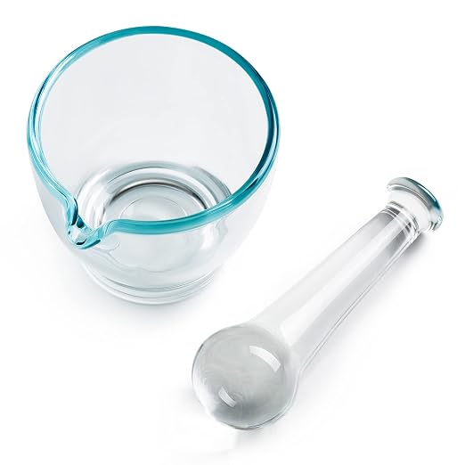 Mortar and Pestle Set, Glass Medicine Grinder, 4oz | Nonporous glass bowl, pour spout, heavy base and comfort grip for powders, seeds or herbs