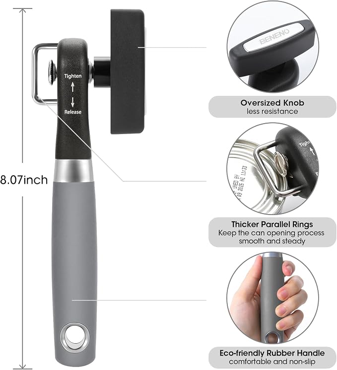 Beneno Can Opener, Manual Side Safe Cut Can Opener Smooth Edge, Gray | Durable Sharp DC53 Steel Cutting Blade, Clean Cut with no Sharp Can Edges, Big Effort-Saving Knob, Comfortable Non-Slip Grip