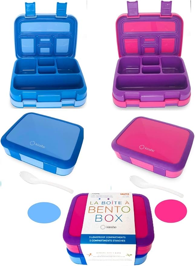 kinsho Bento Lunch Box Container for Small Kids 2 Pack (Blue & Pink Purple) | 5 Portion Sections, BPA-Free Spill-Proof Leakproof Removable Plastic Tray, Snacks and Lunches for Toddlers Pre-School Daycare