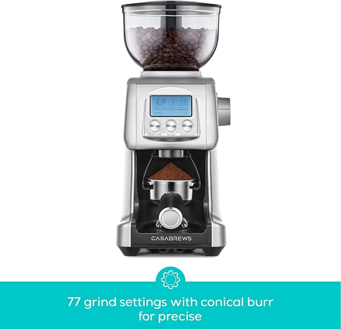 CASABREWS Tornado Electric Conical Burr Coffee Grinder with LCD Display | 77 Precision Grind Settings for French to Espresso, LCD Display, Custom Grind Time, Durable Stainless Steel Design for Home
