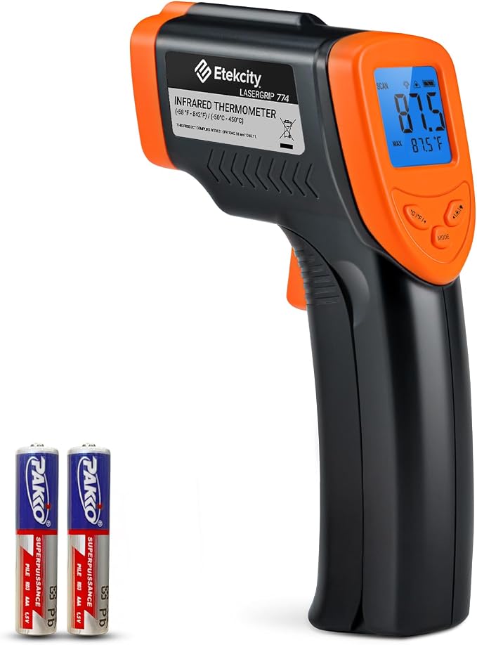 Etekcity Infrared Thermometer Laser Temperature Gun 774, Orange | Cooking, Pizza Oven, Griddle, BBQ, Meat, HVAC, Engine, Adjustable Emissivity, MAX Display, Surface Measurement