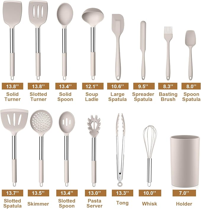 LIANYU 15 Pcs Cooking Utensils Set, Silicone Kitchen Tools with Holder | Heat Resistant, Kitchen Gadgets with Stainless Steel Handle, Brush Spatula Spoon Whisk for Cookware, Dishwasher Safe, Khaki