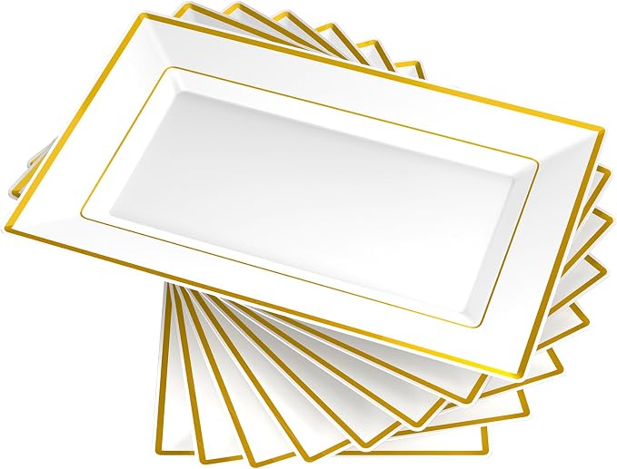 FOCUSLINE 8 PCS Plastic Serving Trays for Party, White Gold Rim Platters | Durable Construction, Elegant Appearance, Disposable and Reusable, Ideal for Parties, Weddings, Catering, Desserts